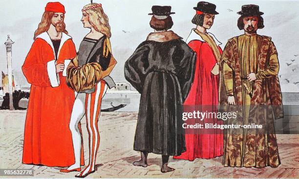 Clothing, fashion in Italy at the time of the early Renaissance around 1460-1490, from the left, Venetians in 1496, the color-coded tights, this...