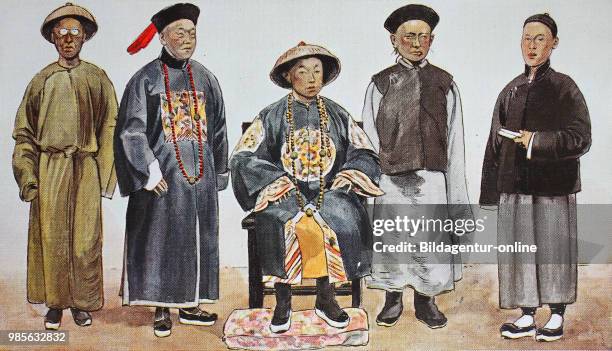 Clothing, fashion in China, around the 19th century, from the left, a judge in simple undergarment with straw hat, a Chinese Mandarin, then a Chan,...