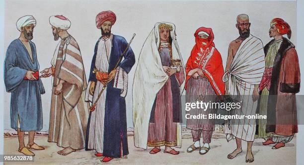 Clothes, fashion in Arabia, from the left, man in a blue cotton tunic with a red belt bandage, man with a camel wool coat, then a man of higher...