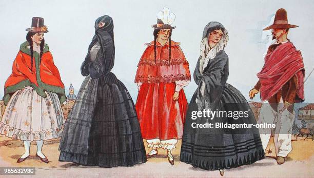 Clothing, fashion in South America, Peru, Colombia around the 19th century, from the left, a Peruvian landlady in ceremonial costume around...