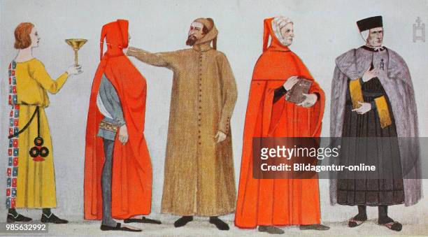 Clothing, fashion in Italy, early Renaissance in the 14th century, from left, a young Florentine around 1350, then a hooded coat and beak shoes...