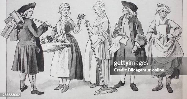 Fashion, clothes in France, Rococo, Parisian street life around 1740, from left, a dealer with rats and mousetraps, flower girl with bouquets, a...