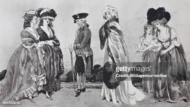 Fashion, Clothing in England, English Fashion around 1770-1795, in the middle, the London actress Elisabeth Farren, later wife of Lord Derby, after a...