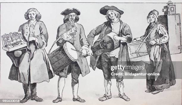 Fashion, clothes in France, Rococo, Parisian street life around 1740, from the left, a knife and a scissors dealer, a street musician with a drum and...