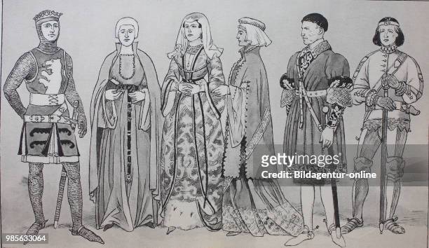 Fashion, clothes in Spain in the Middle Ages, 13th - 14th century, from the left, Rodrigo de Aluria, then a noble lady Dona Elvira de Ayala around...