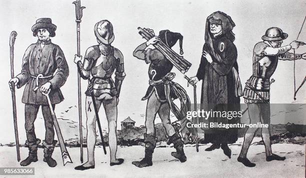 Fashion, clothing in Germany in the late Middle Ages, 1475-1500, from the left, Low German farmer with spade and a shepherds stick, a mercenary with...