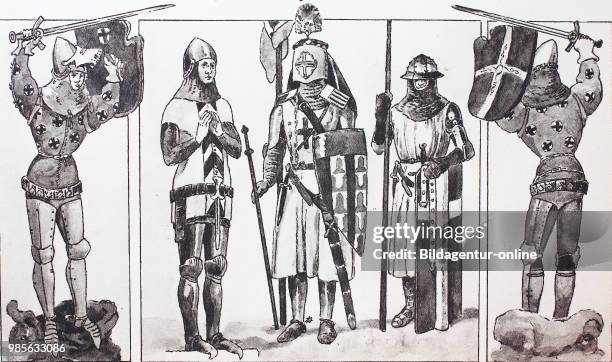 Fashion, clothing, Burgundian knights in the 14th century, two Burgundian knights, a knight from Neuchatel, a knight banneret around 1300, a knights...