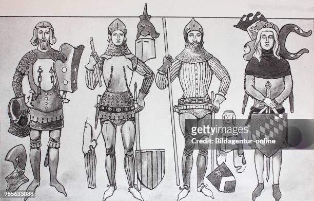 Fashion, clothing, German knights costumes in the 14th century, from left, three different types of Lentner or Lendner, a waisted, armored vest and...