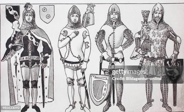 Fashion, clothing, German Knights costumes in the 14th century, a knight in ermine coat, various types of Lentner or Lendner, a waisted, armored...