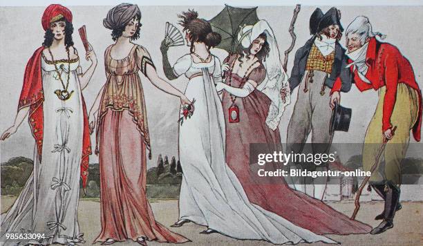 Fashion, clothing in France at the time of the Revolution 1795-1803, from the left, ladies in antique costumes during the 1800s consulate, Mode a la...