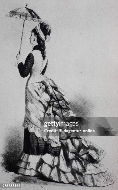 Woman wearing a Cul de Paris or bustle, a type of framework used to expand the fullness or support the drapery of the back of a woman's dress,...