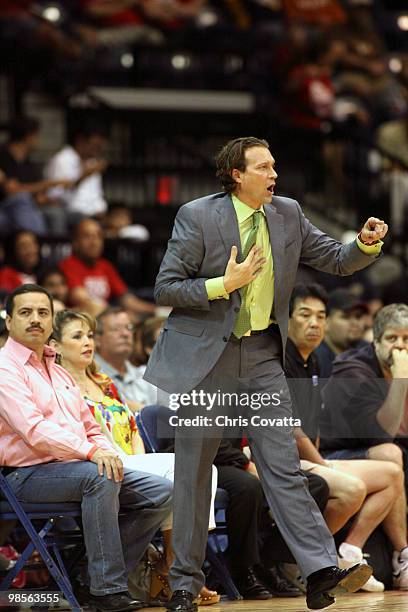 Head coach Quin Snyder of the Austin Toros directs his team during the game against the Rio Grande Valley Vipers on April 19, 2010 at the State Farm...