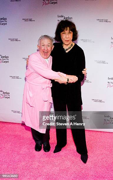 Actors Leslie Jordan and Lily Tomlin attend the opening night of "My Trip Down The Pink Carpet" at The Midtown Theater on April 19, 2010 in New York...