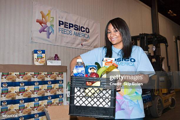 Pepsi We Inspire icon Raven Symone kicks off a national day of service with Feeding America by dropping off food at Second Harvest Food Bank on April...