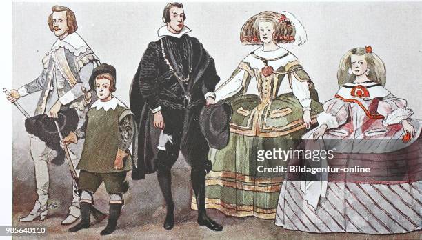 Fashion, clothing in Spain in the 16th - 17th centuries, from the left, King Philip IV of Spain, 1621-1665, then Infant Balthasar Carlos in hunting...