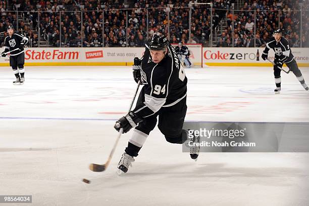 Ryan Smyth of the Los Angeles Kings shoots and scores a goal against the Vancouver Canucks in Game Three of the Western Conference Quarterfinals...