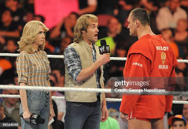 MacGruber" Will Forte and Kristen Wiig challenge Vladimir Koslov at the WWE Monday Night Raw at the Izod Center on April 19, 2010 in East Rutherford,...