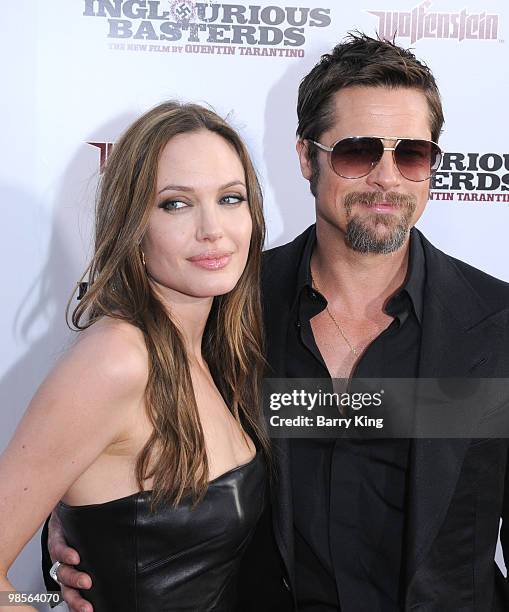 Actress Angelina Jolie and actor Brad Pitt arrive at the Los Angeles Premiere "Inglourious Basterds" held at Grauman's Chinese Theatre on August 10,...