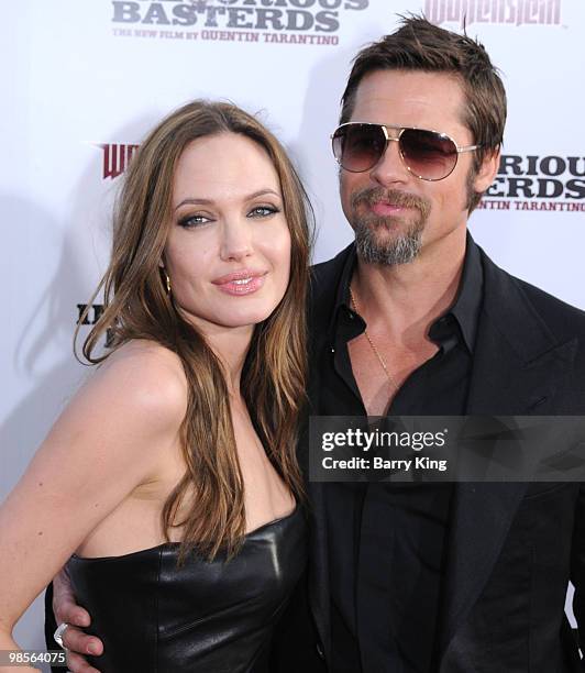 Actress Angelina Jolie and actor Brad Pitt arrive at the Los Angeles Premiere "Inglourious Basterds" held at Grauman's Chinese Theatre on August 10,...