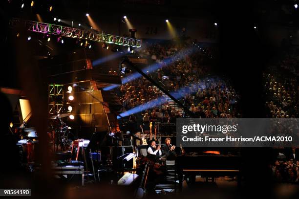 Musicians Kix Brooks and Ronnie Dunn of Brooks & Dunn pose onstage during Brooks & Dunn's The Last Rodeo Show at MGM Grand Garden Arena on April 19,...