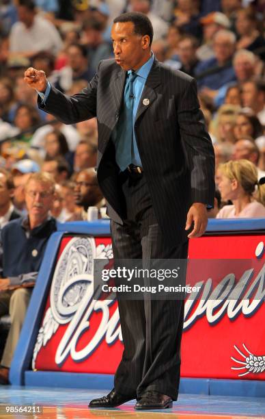 Interim head coach Adrian Dantley of the Denver Nuggets leads his team against the Utah Jazz in Game Two of the NBA Western Conference Quarterfinals...