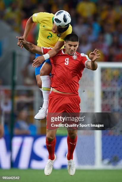Aleksandar Mitrovic of Serbia competes for the ball with Thiago Silva of Brazil during the 2018 FIFA World Cup Russia group E match between Serbia...