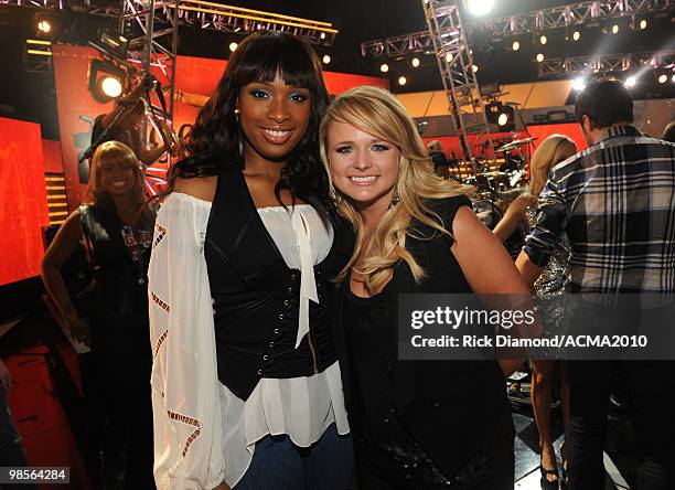 Singers Jennifer Hudson and Miranda Lambert pose backstage during Brooks & Dunn's The Last Rodeo Show at the MGM Grand Garden Arena on April 19, 2010...