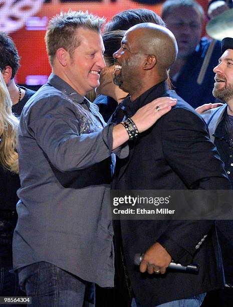 Musicians Gary LeVox and Darius Rucker onstage during Brooks & Dunn's The Last Rodeo Show at MGM Grand Garden Arena on April 19, 2010 in Las Vegas,...