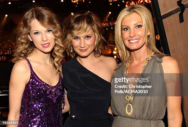 Musicians Taylor Swift, Jennifer Nettles and Faith Hill pose backstage during Brooks & Dunn's The Last Rodeo Show at the MGM Grand Garden Arena on...