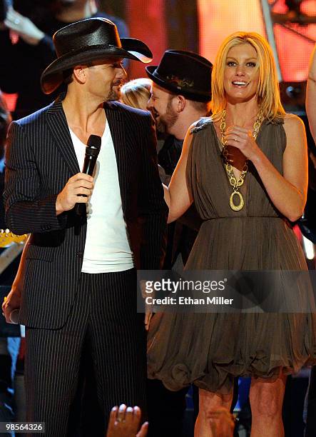 Singers Tim McGraw and Faith Hill perform onstage during Brooks & Dunn's The Last Rodeo Show at MGM Grand Garden Arena on April 19, 2010 in Las...