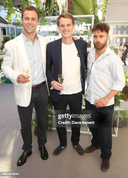 Leander Cadbury, David Tollemache, and guest attend the Perrier Jouet VIP reception on the Perrier Jouet Champagne Terrace at Masterpiece London at...