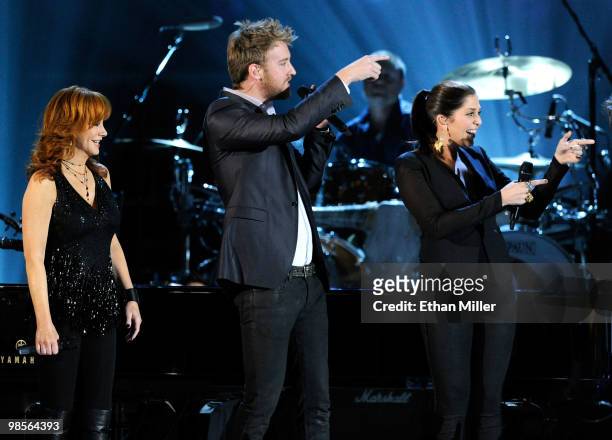 Musicians Reba McEntire, Charles Kelley and Hillary Scott onstage during Brooks & Dunn's The Last Rodeo Show at MGM Grand Garden Arena on April 19,...