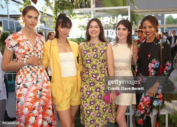 Sabrina Percy, Betty Bachz, guest, Lexi Abrams, and Emma Weymouth attend the Perrier Jouet VIP reception on the Perrier Jouet Champagne Terrace at...