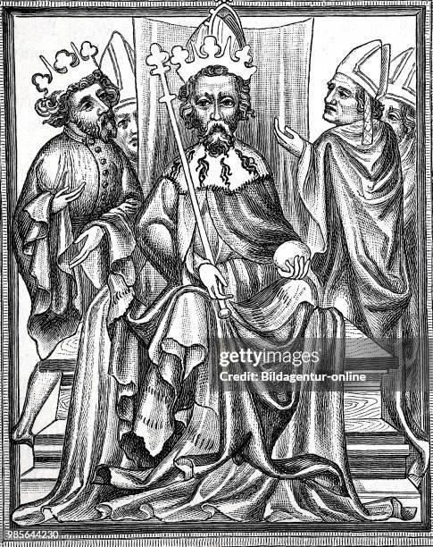 Emperor Karl IV. In the imperial order with his son Wenzel and bishops, miniature from the Golden Bulle, a law collection of Emperor Charles IV,...