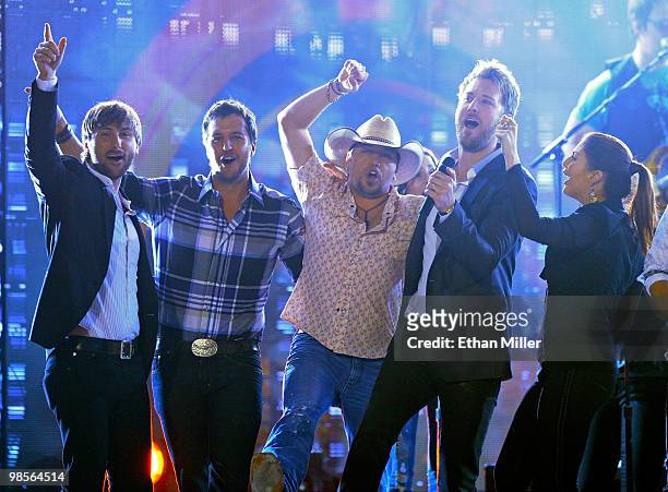 Musicians Dave Haywood, Luke Bryan, Jason Aldean, Charles Kelley, and Hillary Scott perform onstage during Brooks & Dunn's The Last Rodeo Show at MGM...