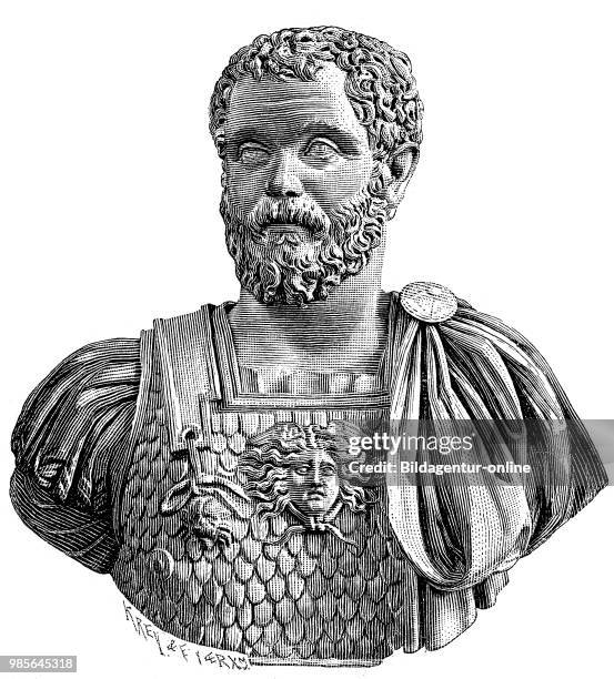 Ancient Marble Bust of Lucius Septimius Severus Pertinax, April 11, 146 - February 4 was Roman Emperor from April 9, 193 to February 4 in the...