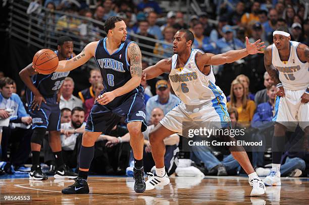 Deron Williams of the Utah Jazz goes to the basket against Aaron Afflalo of the Denver Nuggets in Game Two of the Western Conference Quarterfinals...