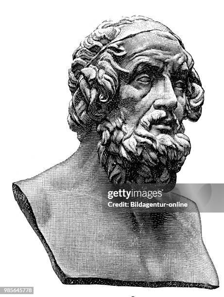 Homer is considered the author of the Iliad and the Odyssey and thus the earliest poet of the West, bust in the Capitoline Museum in Rome, Italy,...