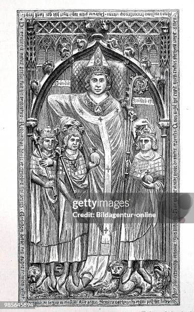 The tomb of Peter of Aspelt or Aichspalt, Archbishop of Mainz with three of him crowned kings, Henry VII, Ludwig the Bavarian and John of Bohemia, in...