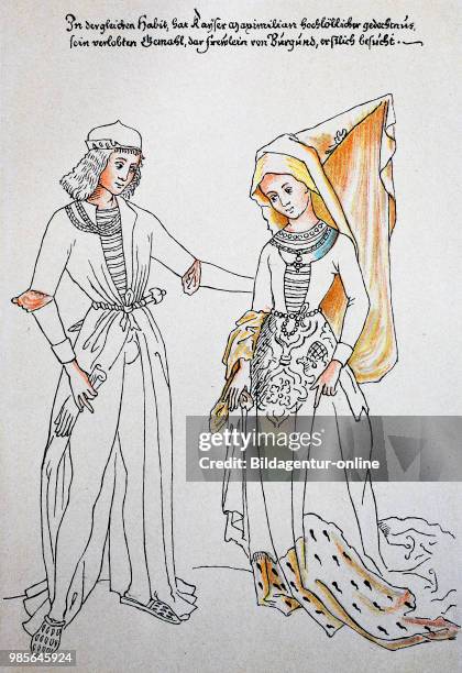 Maximilian I and his bride Mary of Burgundy, hand drawing in the Germanisches Museum of Nuremberg, digital improved reproduction of an original from...