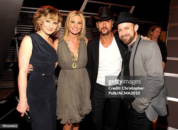 Musicians Jennifer Nettles, Faith Hill, Tim McGraw, and Kristian Bush pose backstage during Brooks & Dunn's The Last Rodeo Show at the MGM Grand...