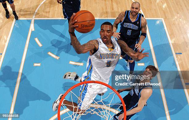 Smith of the Denver Nuggets goes to the basket against Kyle Korver of the Utah Jazz in Game Two of the Western Conference Quarterfinals during the...