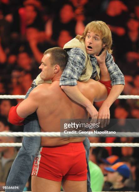 MacGruber" Will Forte gets choked by Vladimir Koslov at the WWE Monday Night Raw at the Izod Center on April 19, 2010 in East Rutherford, New Jersey.