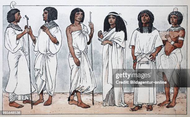 Clothing in ancient Egypt in the new kingdom around 1530 BC, from left, civilization of civil servants or private persons, one of the mourners, lady...