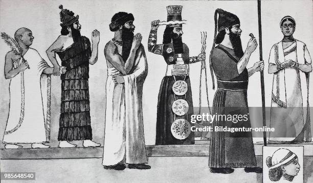 Clothes fashion in Babylon and Assyria, from left, Old Babylonian priest king Gudea around 2250 BC, in the woven white coat is led by a god, this in...