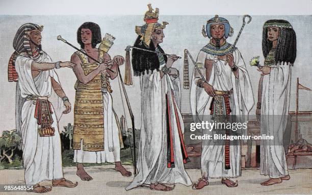 Clothing in Ancient Egypt, New Kingdom 1600-1100 BC, from the left, the king with the headdress of the Uraeus snake, a servant or runner of the king,...