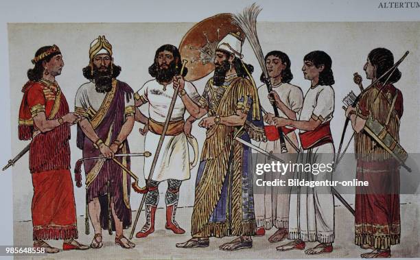 Dress fashion of the king and his entourage in Assyria, 12-7 century BC, from left, high dignitaries with long shirt robes, officiating Assyrian king...