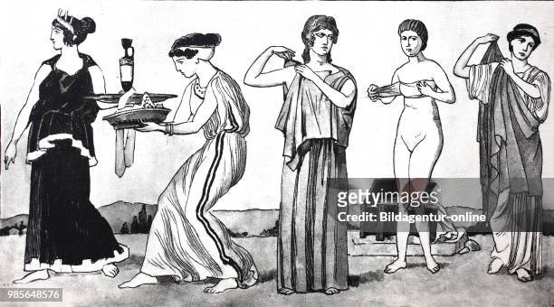 Dress fashion of the Greeks in the early days, 5th century BC, from the left, two women at the grave and death cult, woman putting on the woolen...