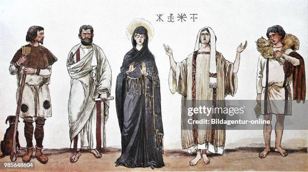 Clothing, fashion in early Christian times, 300-600 AC, from the left, shepherd in high tunic, an apostle with a toga-like big cloak, a matron with a...
