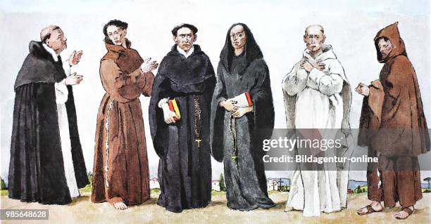 Clothing, fashion of the monastic orders in the Middle Ages, from the left, Carmelite in clothes to go out, Carthusian monk in a costume to go out,...